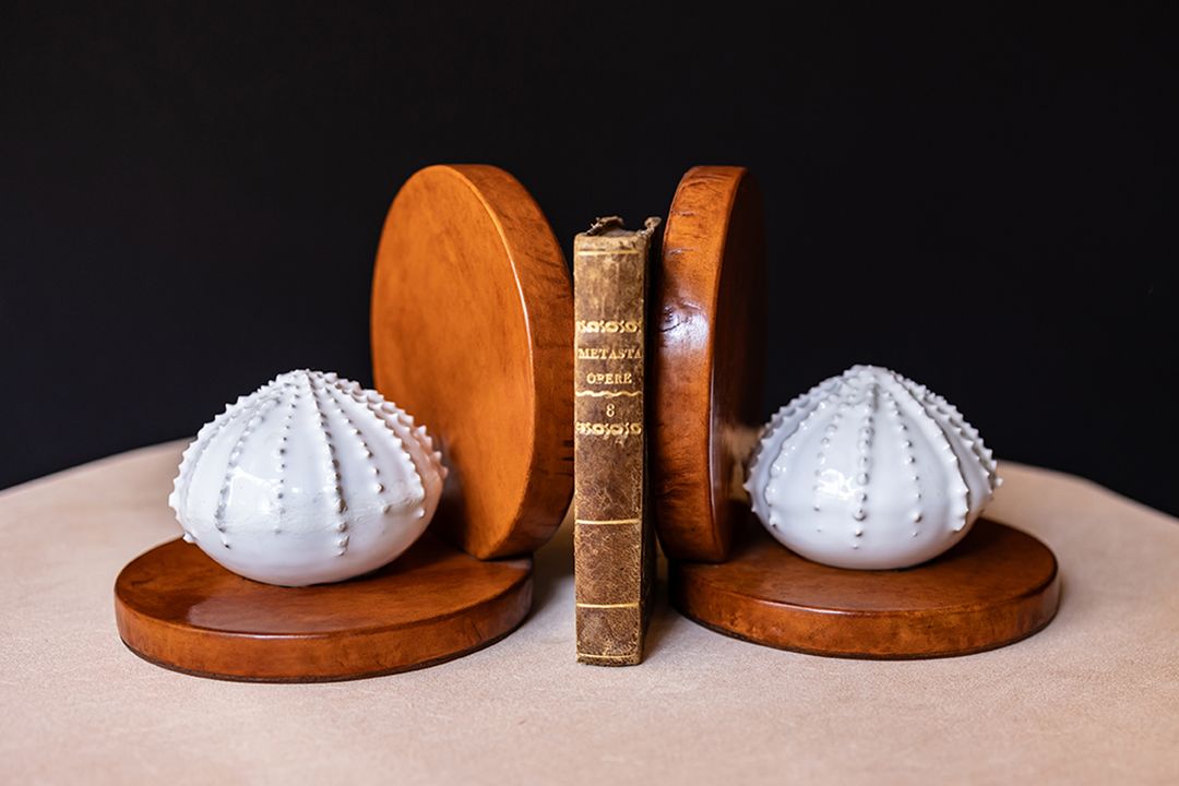 leather and shellac book holders with see urchin in ceramic